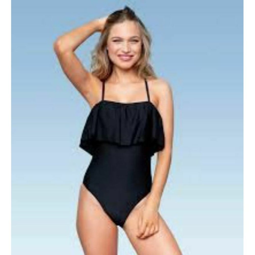 Sugar Coast By Lolli Ruffle Flounce Bandeau One Piece Swimsuit Black Medium
